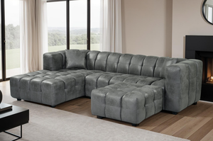 Faux Leather Suede Grey Left Hand Facing Corner Sofa with Ottoman LUGANO