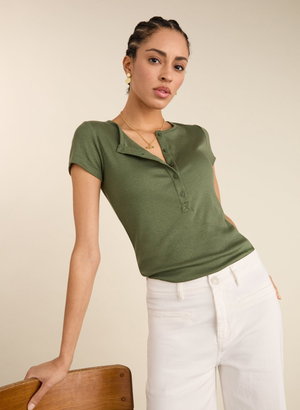 Kikki Cap Sleeve Henley Top - UK 08 | EU 34 | US 04 / Light Khaki