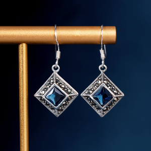 Signature Silver Marcasite & Sapphire CZ Square Drop Earrings