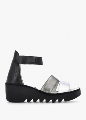 Bono Silver Graphite Black Leather Mid Wedge Sandals