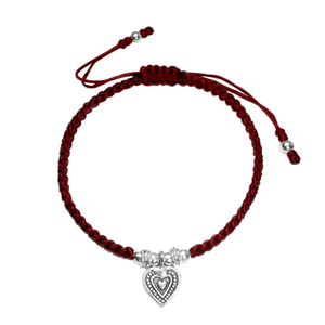 Signature Silver Heart Red Waxed Cotton Bracelet