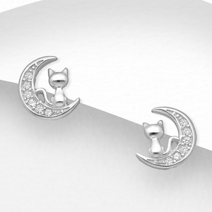 Signature Silver CZ Cat On Moon Stud Earrings