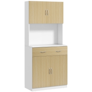 HOMCOM Mueble Auxiliar de Cocina con Puertas Cajón y Estantes Ajustables Antivuelco 80x40x180 cm Natural y Blanco