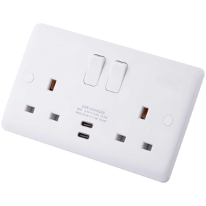 13A 2 Gang Switched Socket with Dual USB 2 x Type C Outlets White