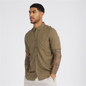 French Connection Mens Short Sleeve Linen Shirt Khaki