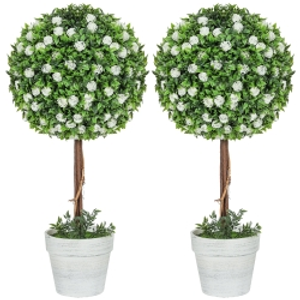 HOMCOM Set of 2 Decorative Artificial Plants, Ball Topiary Tree with Rose Flower in Pot, Fake Plants for Home Indoor Outdoor Decor, 60cm, White