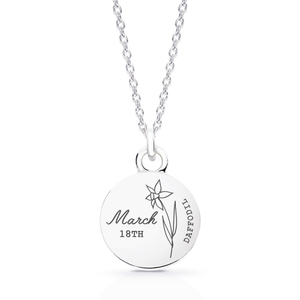 Signature Silver March Birth Flower & Date Disc Necklace