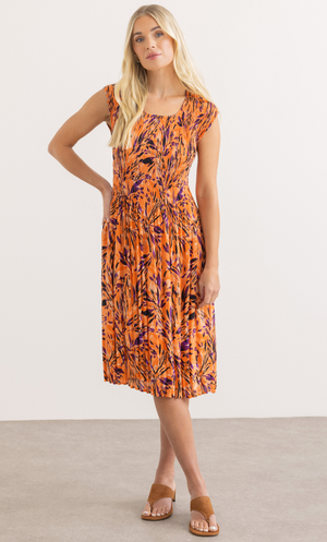 Botanical Print Pleated Dress - Orange