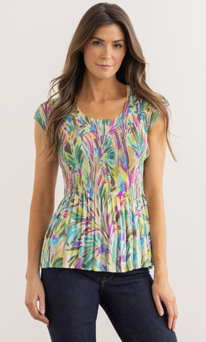 Garden Print Pleated Top - Green/Aqua/Purple