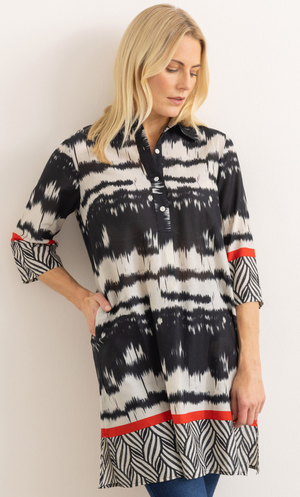 Border Printed Cotton Tunic Top - Black/Ecru/Red