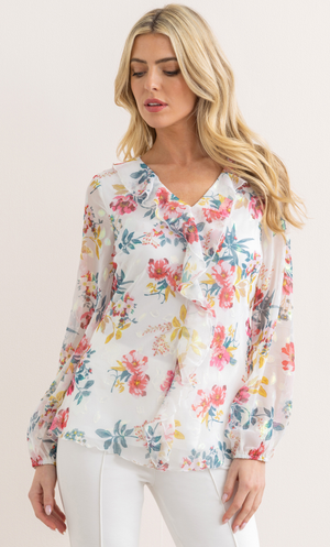 Floral Shimmer Frill Top - Ivory Multi