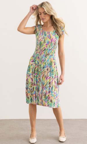 Garden Print Pleated Dress - Green/Aqua/Purple