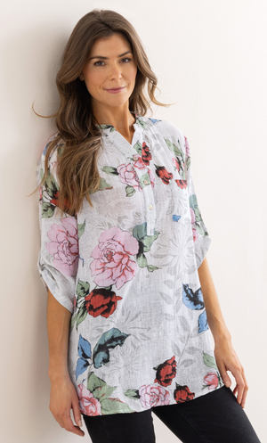 Botanical Printed Cotton Top - White/Red/Pink
