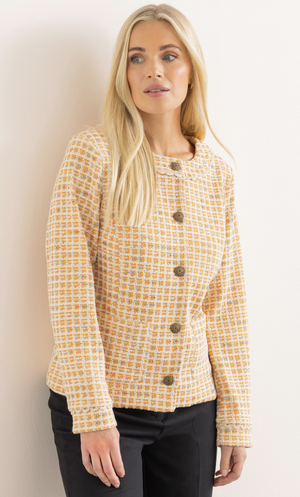 Square Pattern Textured Collarless Jacket - Orange/White