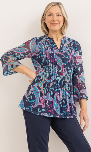 Anna Rose Paisley Printed Mesh Top - Navy/Multi