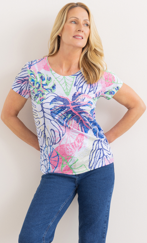 Anna Rose Embellished Garden Print Top - White/Multi