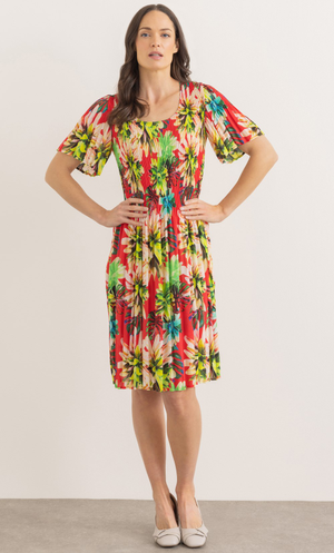 Garden Print Pleated Short Sleeve Dress - Red/Green