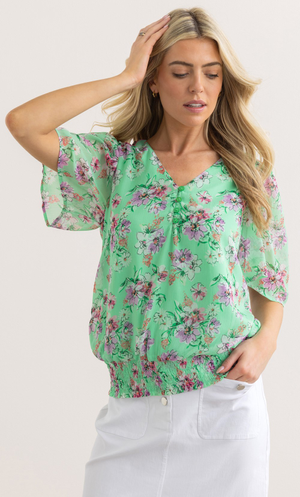 Floral Print Smocked Hem Top - Green/Pink