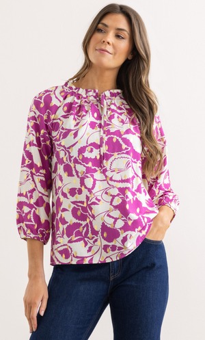 Floral And Foil Printed Tie Neck Top - Pink/White/Gold