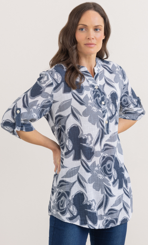 Printed Relaxed Fit Cotton Top - White/Navy