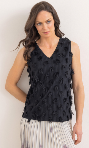 Sleeveless Striped Feather Detail Top - Black