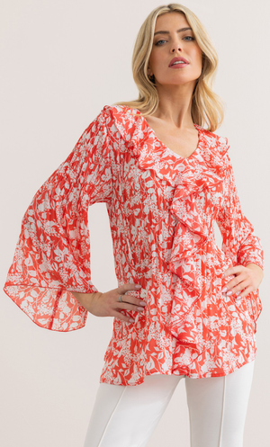 Floral Print Pleated Ruffle Top - Coral/Ivory