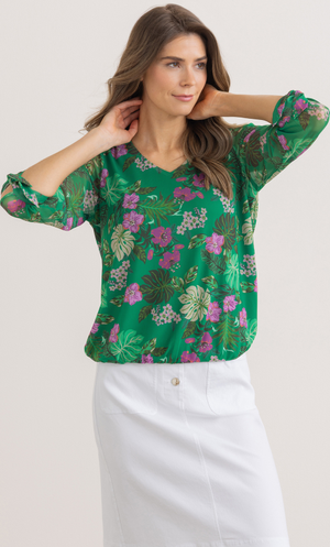 Garden Print Mesh Top - Green/Pink