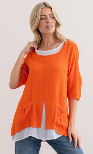 Double Layer Tunic Top - Tangerine/White