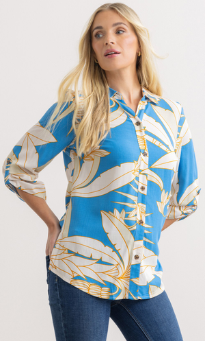 Leaf Printed Blouse - Ocean Blue