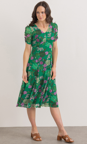 Garden Print V Neck Mesh Dress - Green/Pink