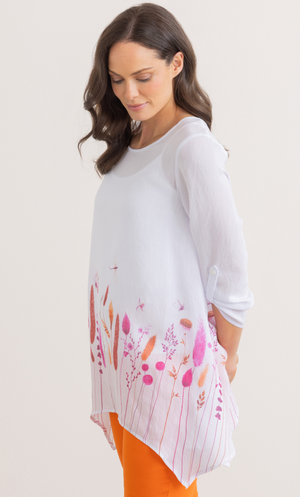 Garden Placement Print Dipped Hem Tunic Top - White/Orange