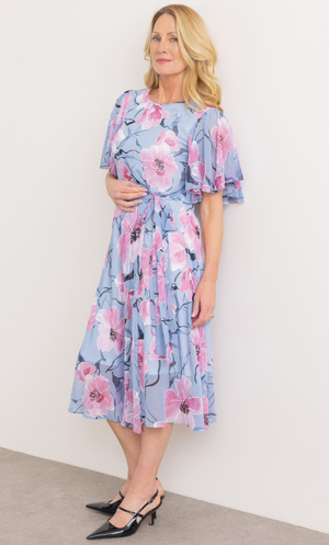 Anna Rose Floral Print Wrap Midi Dress - Sky/Blush
