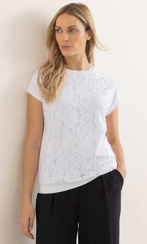 Lace And Jersey Short Sleeve Top - White