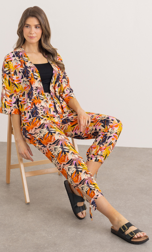 Printed Tie Hem Crop Trousers - Black/Orange