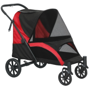 PawHut Foldable Pet Stroller for Large Dogs with Four Big Wheels, Shock-Absorbing Frame, Safety Leashes, Brakes, Red/Black