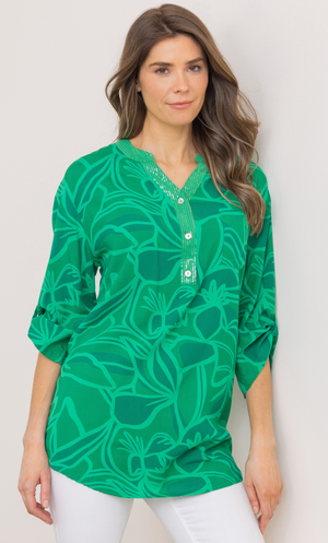 Embellished Printed Relaxed Fit Cotton Top - Green