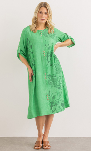 Printed Relaxed Fit Linen Blend Midi Dress - Green