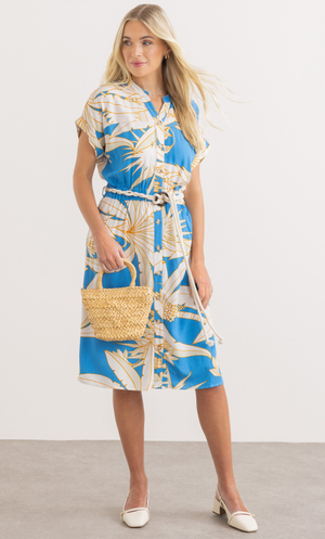 Leaf Printed Shirt Dress With Belt - Ocean Blue