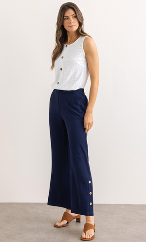 Wide Leg Button Trim Pull On Trousers - Navy