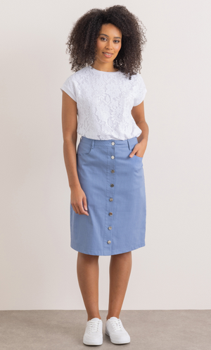 Striped Button Fastening Cotton Blend Skirt - Airforce