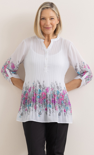 Anna Rose Border Print Pleated Top - White/Pink