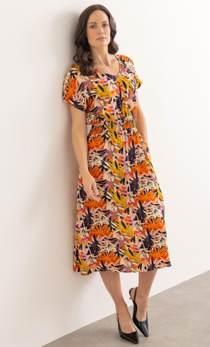 Printed Smocked Waist Midi Dress - Black/Orange