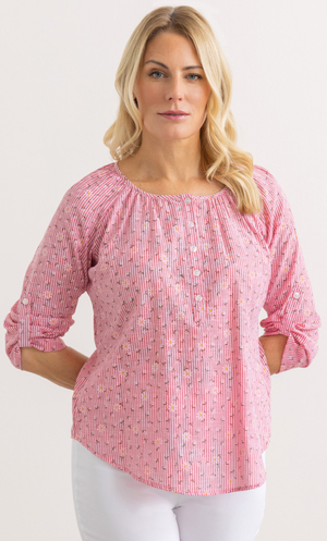 Stripe and Floral Print Cotton Blend Top - Red/White