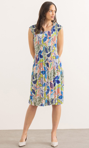 Leaf Print Pleated Dress - Green/Blue