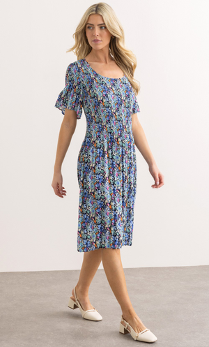 Floral Print Pleated Dress - Blue/Pink