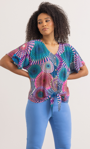 Circle Print Tie Front Top - Blue/Pink