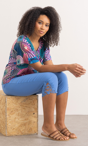 Lace Trim Cropped Slim Fitted Trousers - Blue