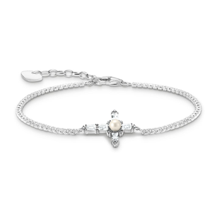 Silver Pearl & Princess Baguette Cut CZ Cross Bracelet