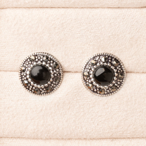 Signature Silver Marcasite Black Halo Stud Earrings