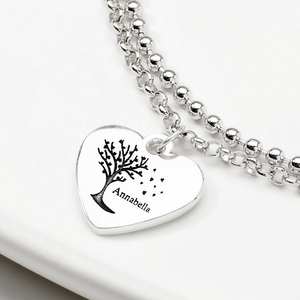 Signature Silver Heart Leaves & Name Double Chain Bracelet